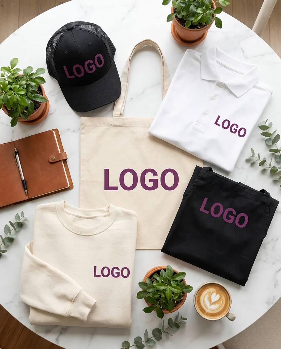 Composition corporate CutyCollection — polo, casquette, tote bag avec logo flex/DTF/flocage